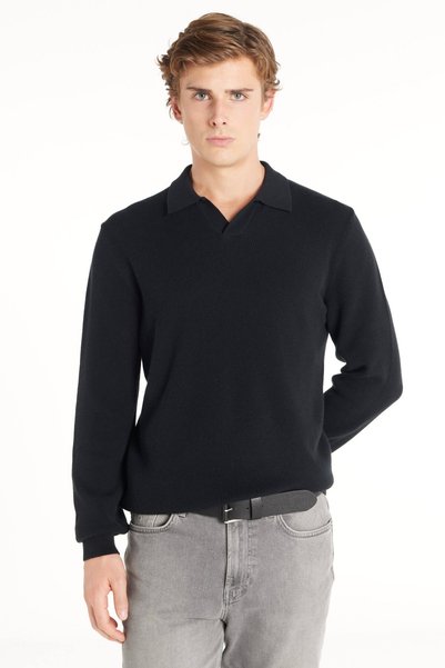 BLACK OPEN POLO COLLAR SWEATER