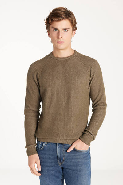 Khaki Wool Cropped Sweater with Circular Neck