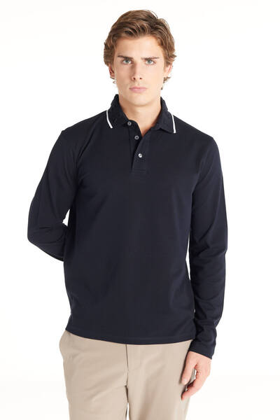 Dark Blue Long Sleeve Polo Pique T-Shirt