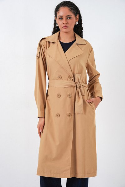 Women's Double-Breasted Collar Trench Coat 5978 - Tan