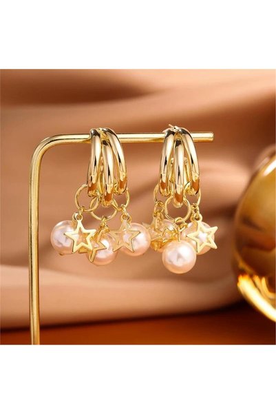 Pearl and Gold Star Dangle Multi Hoop Earrings