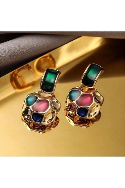 Multi-Colored Enamel Gold Embossed Textured Vintage Earrings