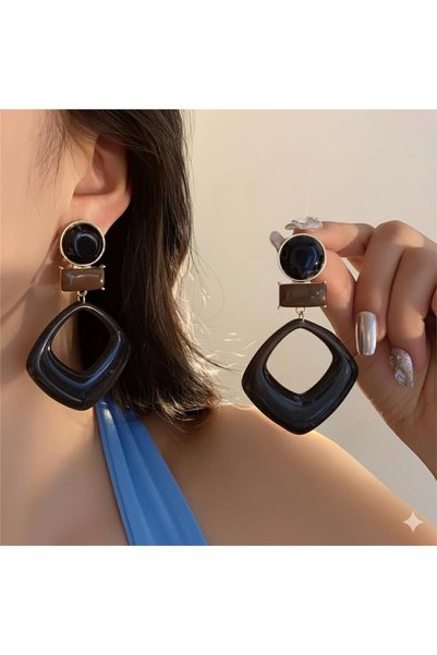 Black Quadrilateral Big Dangle Earrings