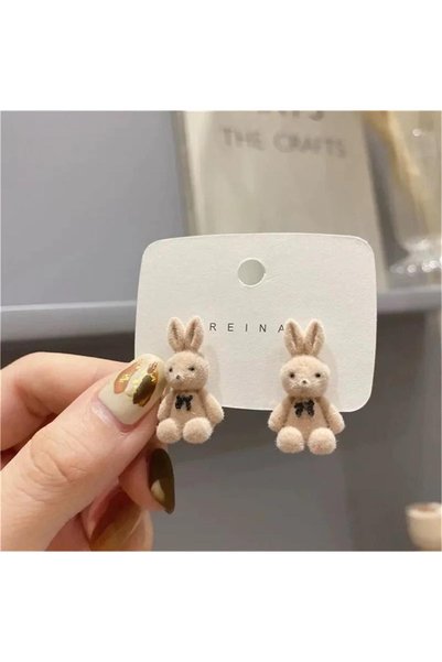 Cute Beige Rabbit Earrings with Velvet Textured Bow Tie