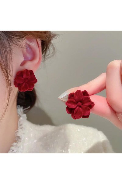 Burgundy Velvet Textured Flower Stud Earrings