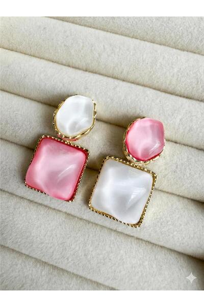 Pink and White Mother-Of-Pearl Square and Oval Stone Earrings