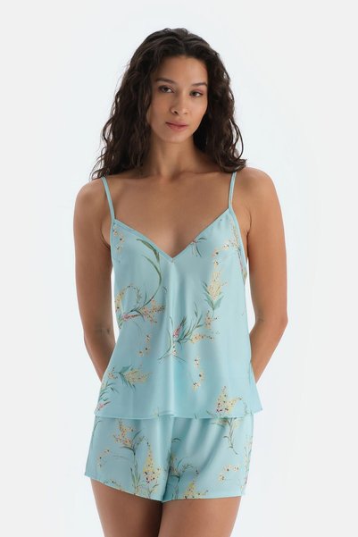 Blue V-Neck Printed Satin Camısole