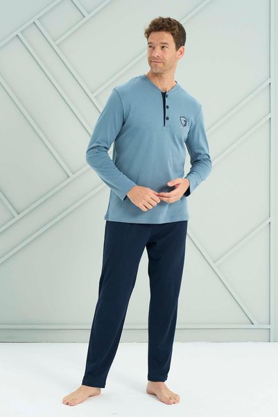 Plus Size Men's Combed Cotton Long Sleeve Pajama Set 2202 Blue