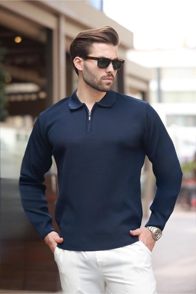 Navy Blue Polo Neck Zippered Long Sleeve Men's Sweater 7240