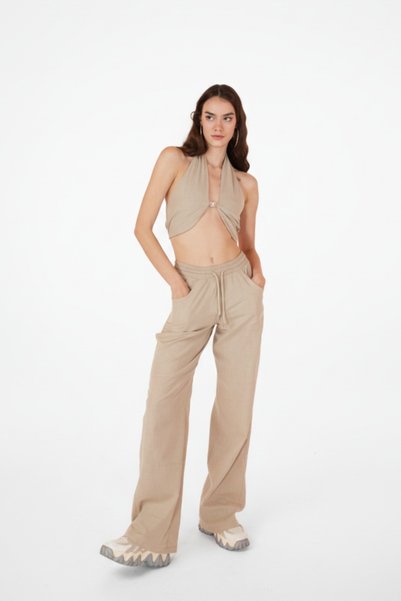Koton Fabric Strap Loose Cut Rise Trousers Beige