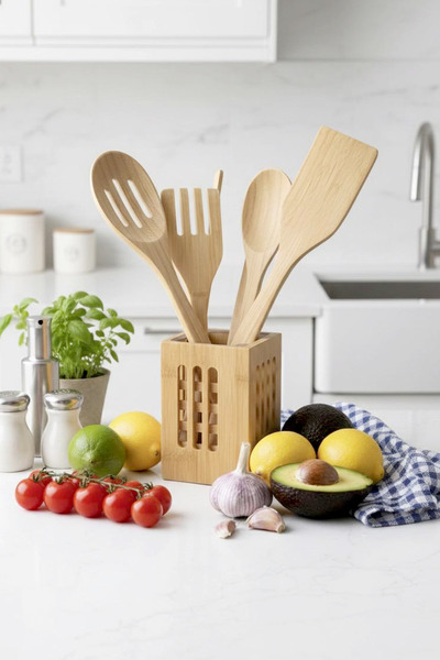6 Piece Bamboo Serving Set with Stand - Serving Fork Colander Serving Spoon Spatula Tongs Set