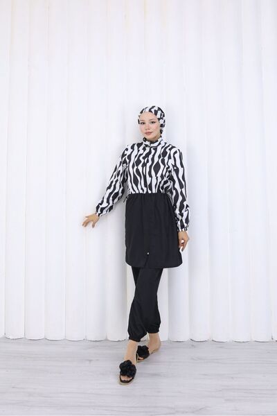 Моно пругаст костим за капење со целосна покриеност од водоотпорен материјал со прилагодлив еластичен појас 3-делен