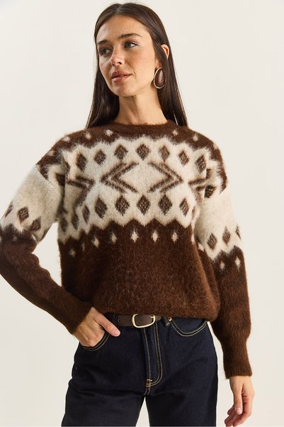Women's Brown Ecru Crew Neck Patterned Shawl Collar Knitwear Sweater 20251117