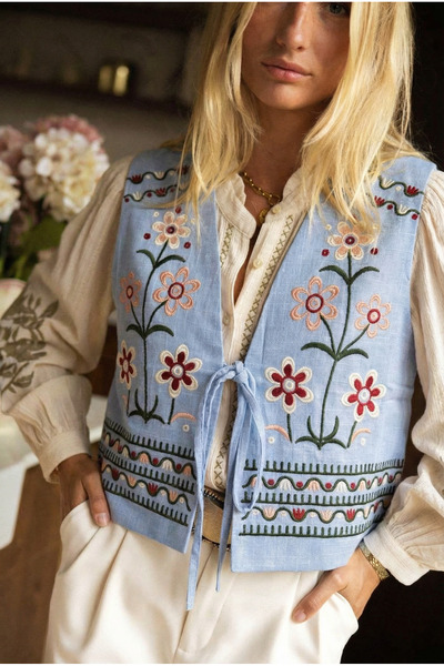 Women's Blue Chest-Tie Embroidered Cotton Vest