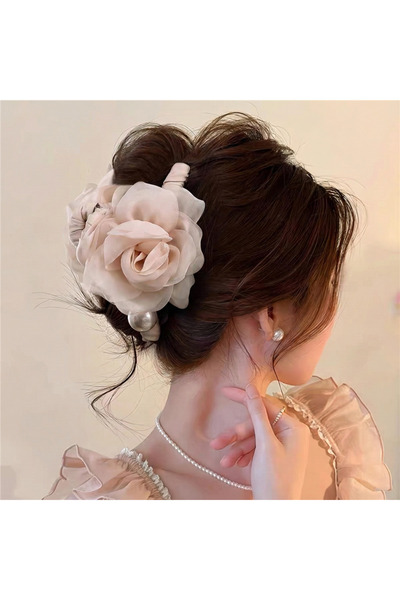 Powder Pink Chiffon Fabric with Pearls Large Rose Clasp