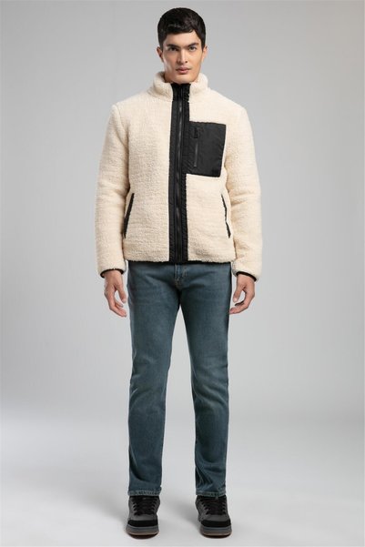 Jose Men's Stand Collar Plush Coat Ecru