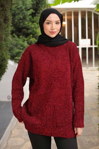Red Crew Neck Glittery Knit Sweater