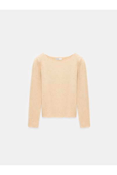 10836 Wool Blend Glitter Boat Neck Sweater-Beige
