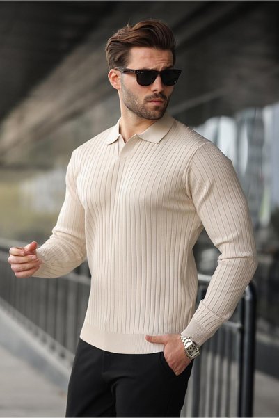Beige Polo Neck Striped Long Sleeve Sweater 7239