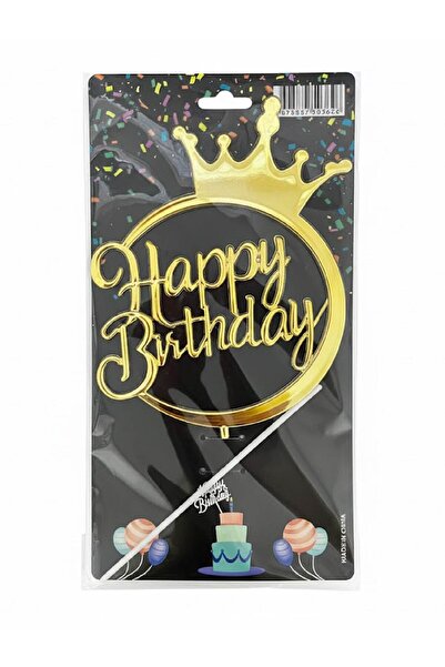 Украс за торта со натпис Happy Birthday со круна од мика - златен