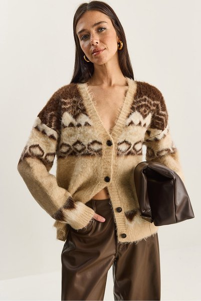 Women's Beige Geometric Patterned Brushed Knit Cardigan 20258059