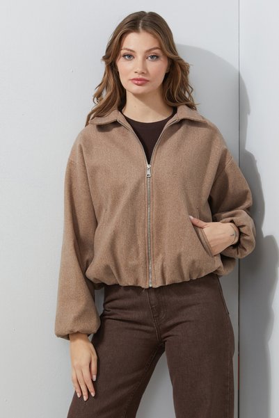 Zippered Pocketed Polo Neck Wool Bomber Jacket