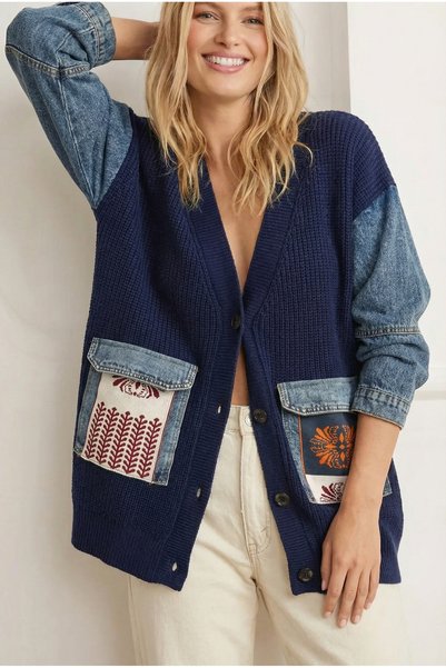 Women's Navy Blue Denim Pocket Cardigan with Kilim Pattern, Denim Sleeves, Oversize Buttoned, 100% Cotton Knit
