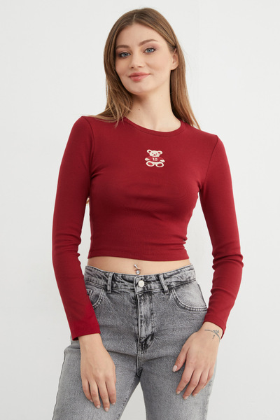 Teddy Bear Embroidered Crop Bodysuit