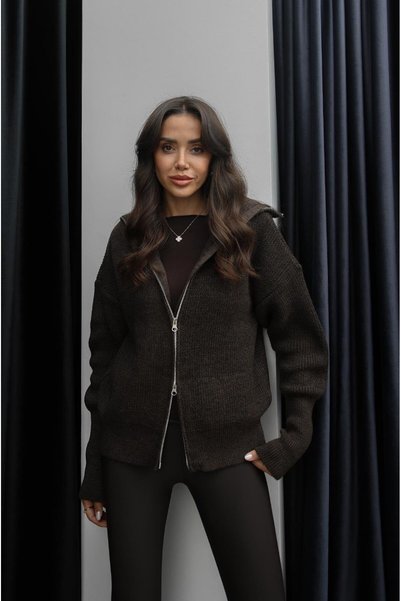 Brown Layered Collar Double Zipper Cardigan