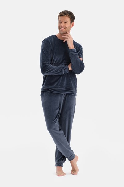 Navy Blue Crew Neck Long Sleeve Velvet T-Shirt Pants Pajama Set