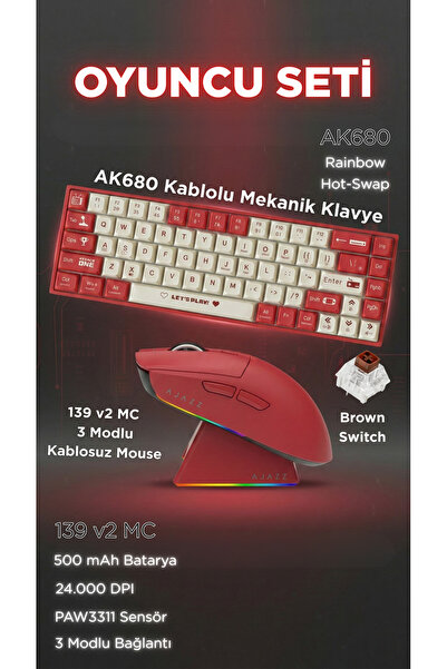 139 v2 MC безжичен глушец со 3 режими + AK680 жичена механичка тастатура гејмерски комплет