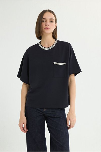 T-Shirt with Stones on the Pockets and Collar
