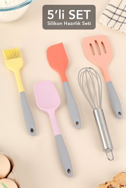 5 Piece Silicone Food Prep Set - Heat Resistant Non-Stick Spatula Brush Whisk Set Colorful