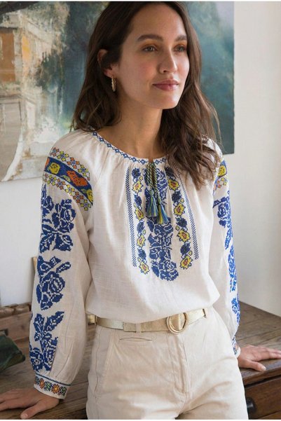 Women's White-Collared Tasseled Embroidered Cotton Blouse