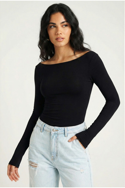 Ultra Soft Boat Neck Long Sleeve Blouse – Black