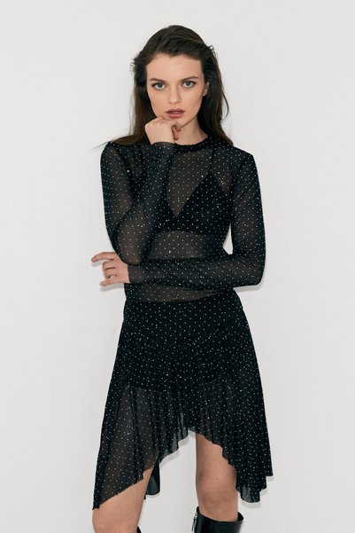 Verdades Women's Round Neck Tulle with Stone Detail Long Sleeve Transparent Stylish Black Blouse