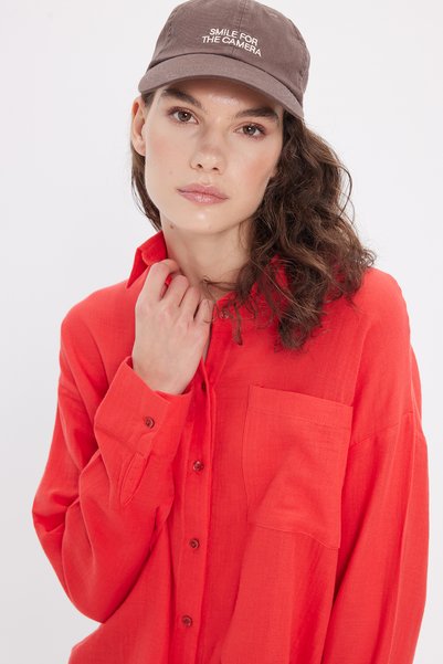 Women's Oversized wide cut 100% cotton muslin fabric long sleeve textured pomegranate color shirt with pockets