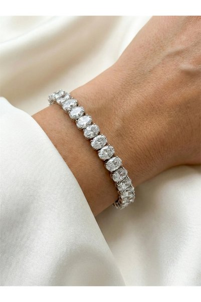 Silver Color Oval Cut Full Tour Water Path Bracelet