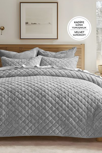 Quilted Velvet Bedspread Set Single Supersoft 2 Piece Soft Fiber Filled Dowry Box Gray