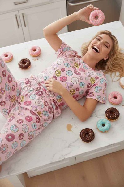 Short Sleeve Bottom Long Donut Printed Pajama Set