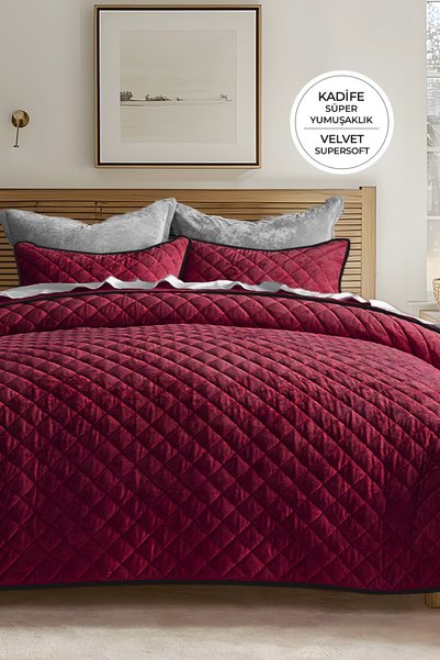 Quilted Velvet Bedspread Set Single Supersoft 2-Piece Soft Fiber Filled Red