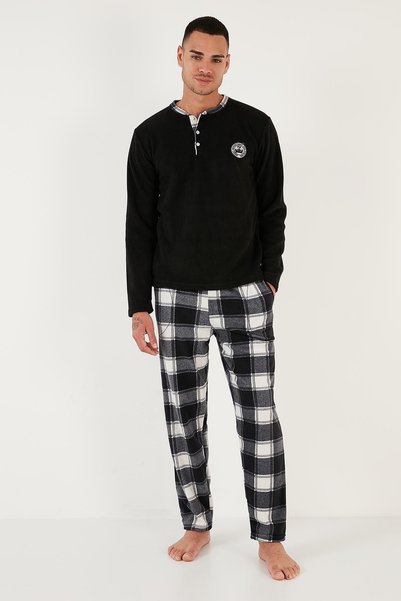 Plaid Regular Fit Crew Neck Winter Fleece Pajama Set Men's Pajama Set 609610013W4