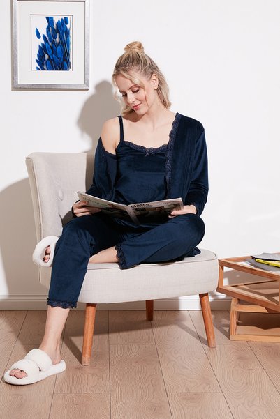 Regular Fit Lace Soft Textured Velvet Pajama Set with Dressing Gown PAJAMA SET 6095545