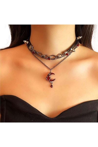 Punk Rock Style Studded Leather and Chain Detailed Red Crescent Moon Necklace