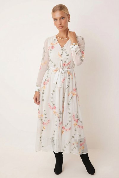 Women's White V-Neck Belted Lined Chiffon Midi Length Dress ARM-26K001042