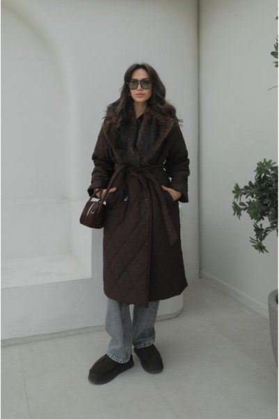 Brown Fur-Trimmed Quilted Coat with Collar