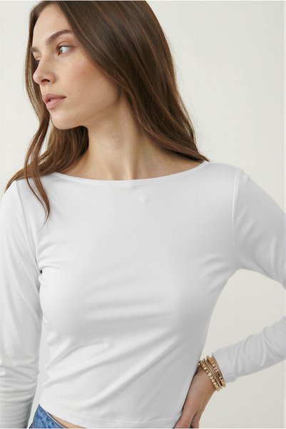 Ruched Detail 100% Cotton Long Sleeve White Women's Blouse