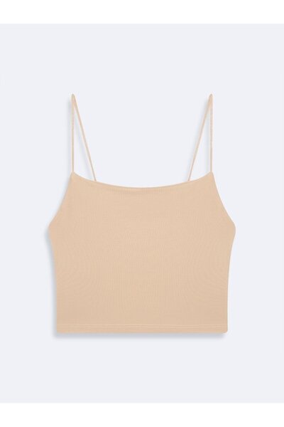 Thin Strap Basic Crop Beige Tank Top