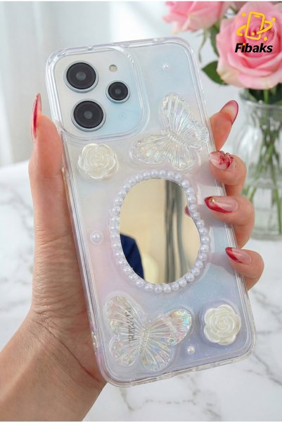 Redmi 12 Case 3D Butterfly Rose Pattern Mirrored Glitter Transparent Design Silicone Cover