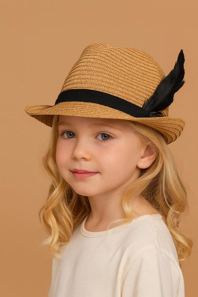 Camel straw fedora hat with child's feather accessory